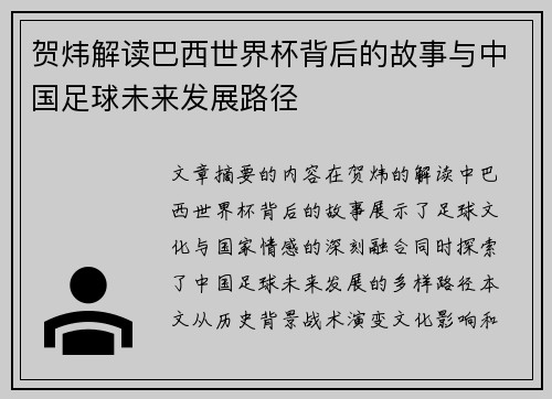 贺炜解读巴西世界杯背后的故事与中国足球未来发展路径