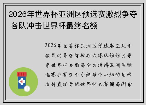 2026年世界杯亚洲区预选赛激烈争夺 各队冲击世界杯最终名额