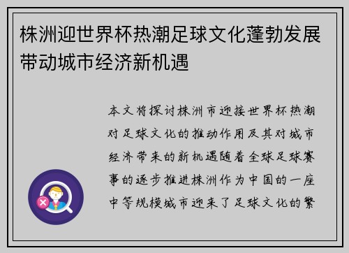 株洲迎世界杯热潮足球文化蓬勃发展带动城市经济新机遇
